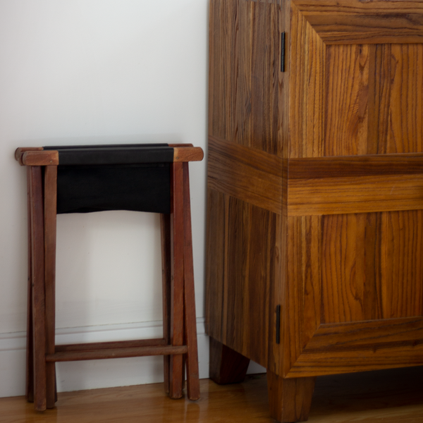 Reclaimed Camp Stool – Black Leather Seat