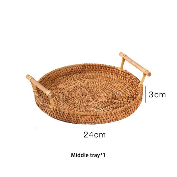 Handwoven Rattan Tray with Wooden Handles
