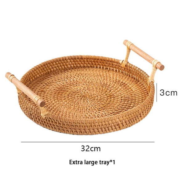 Handwoven Rattan Tray with Wooden Handles