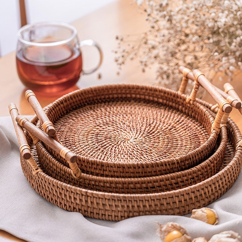 Handwoven Rattan Tray with Wooden Handles
